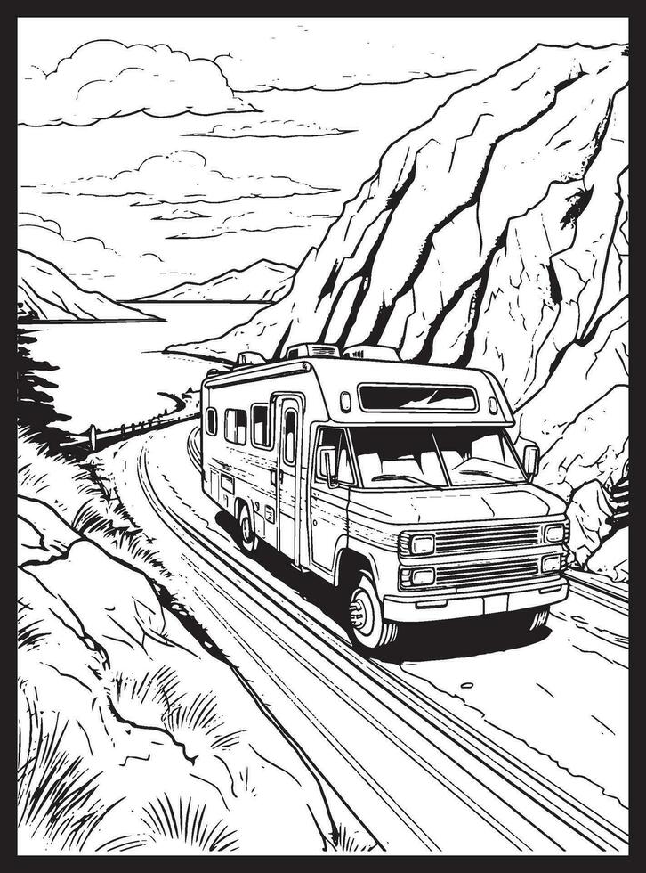 RV Road Trip Coloring Pages Adults vector