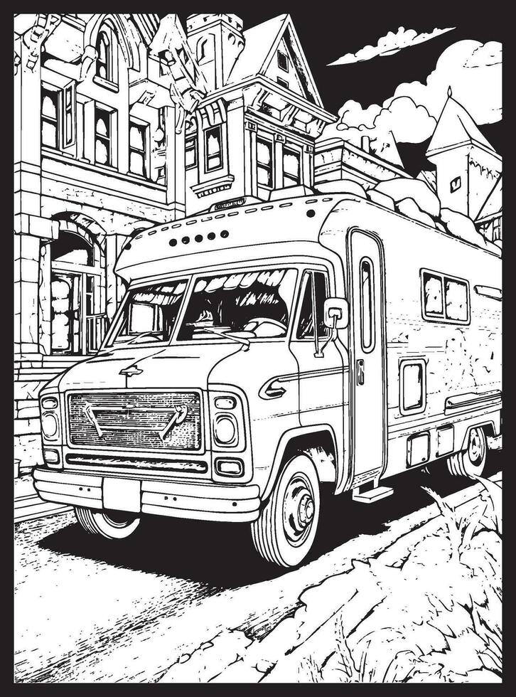 RV Road Trip Coloring Pages Adults vector