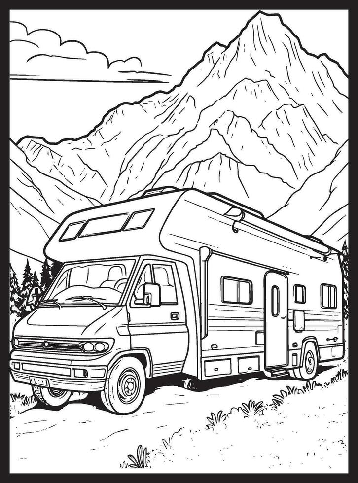 RV Road Trip Coloring Pages Adults vector