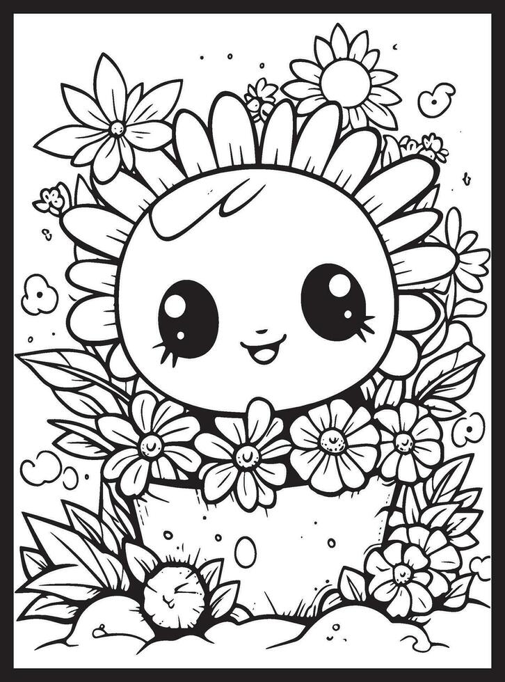 linda kawaii flor colorante paginas vector