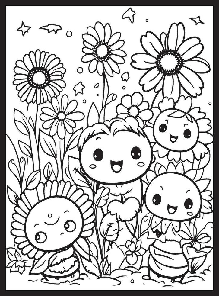 linda kawaii flor colorante paginas vector