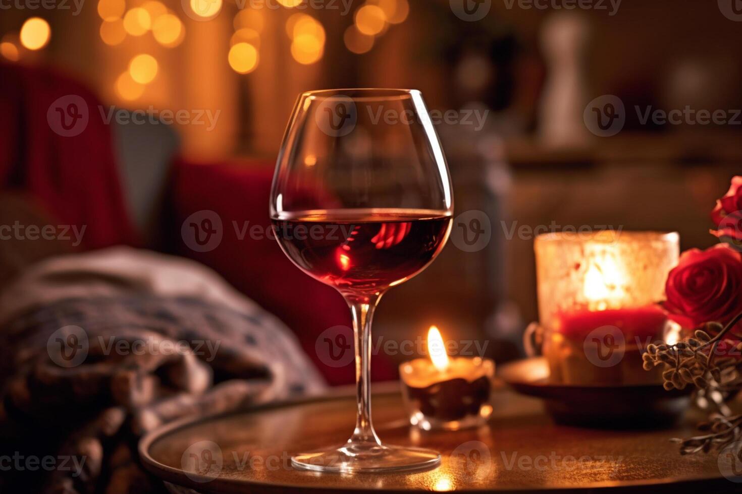 Red Candlelit Dinner with a Glass of Wine, Close-up Shot, AI Generated photo