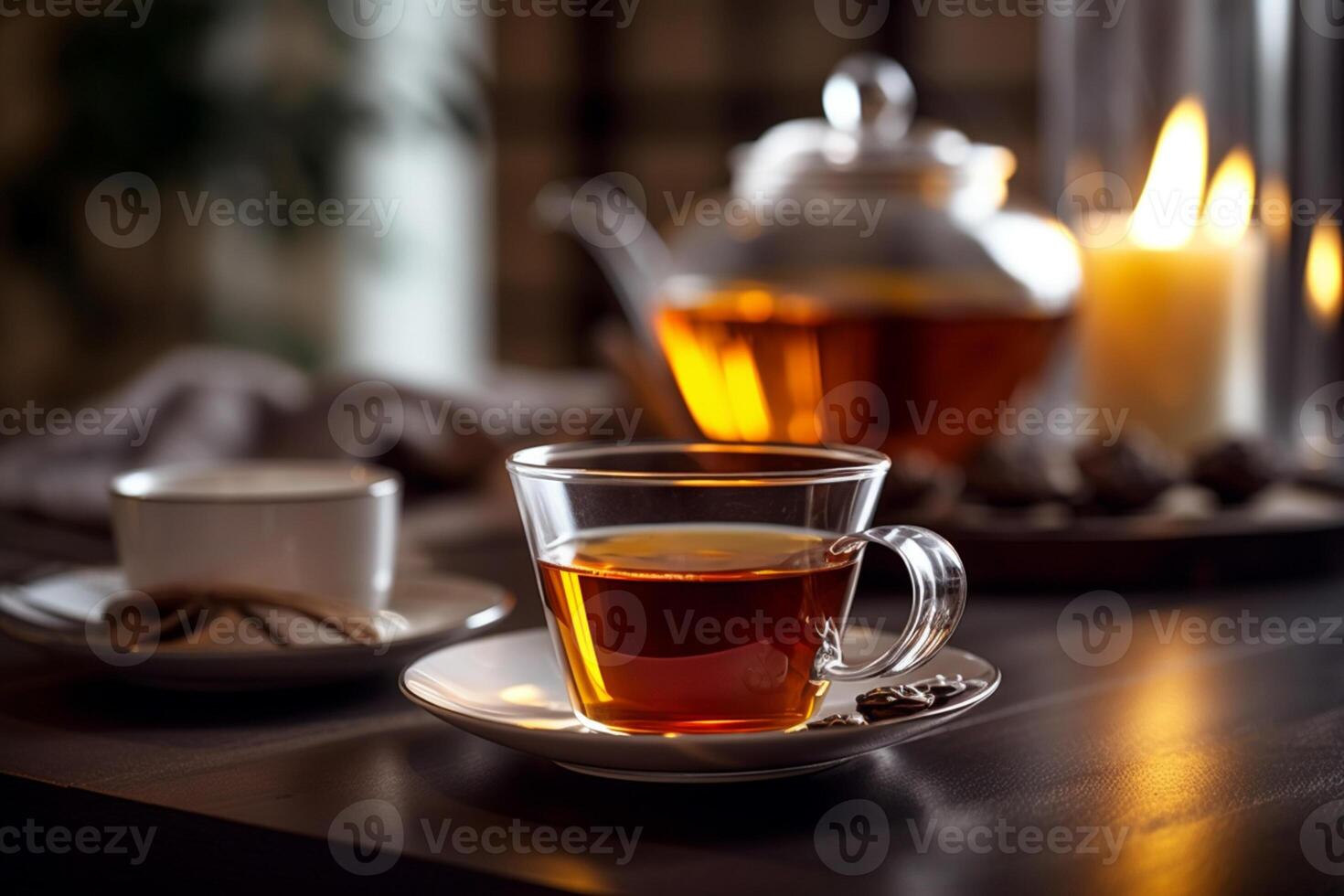 humeante taza de clásico negro té, ángulo medio disparo, ai generado foto