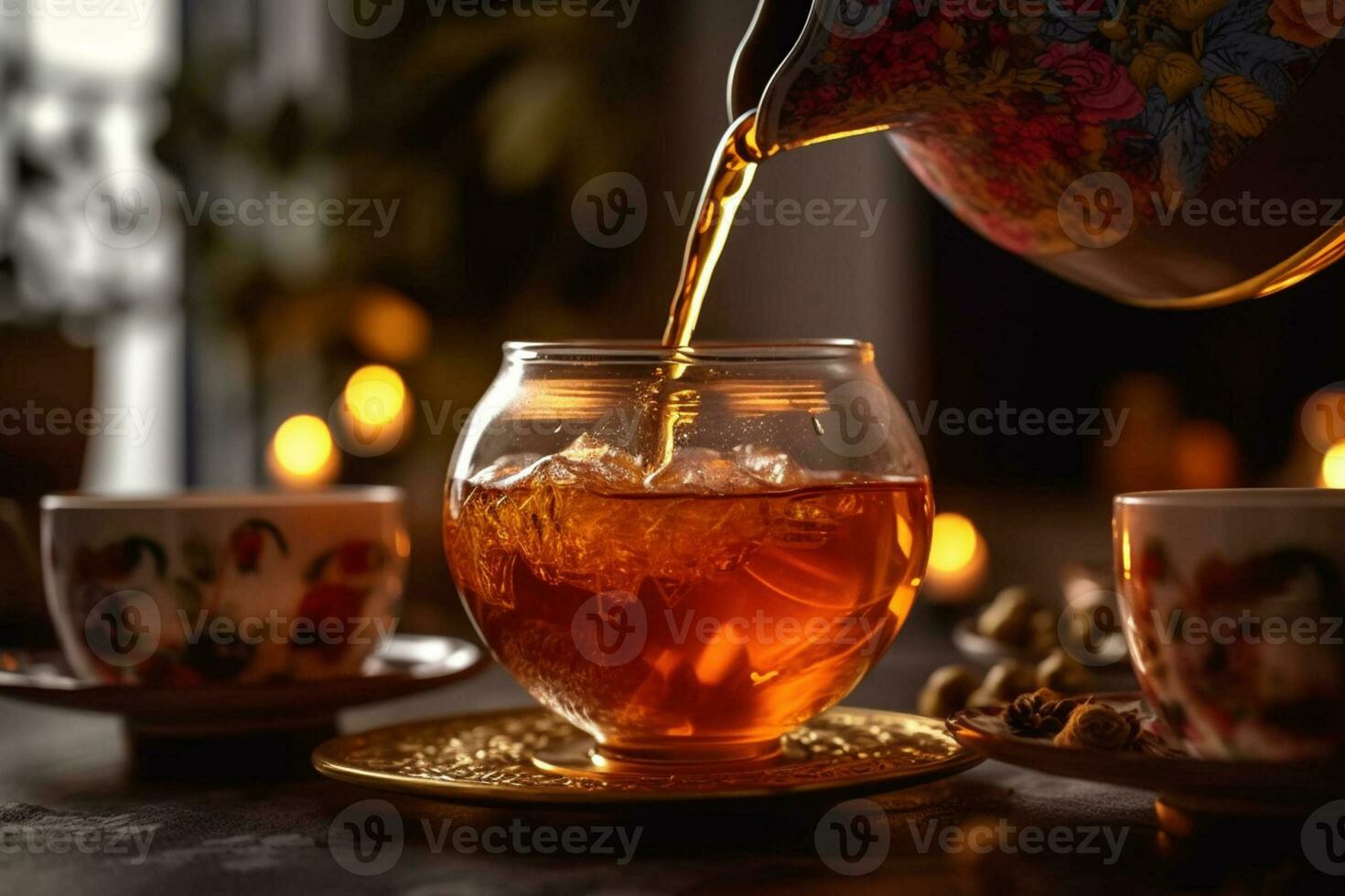 agraciado torrencial de clásico té en tradicional maceta, ángulo medio disparo, ai generado foto
