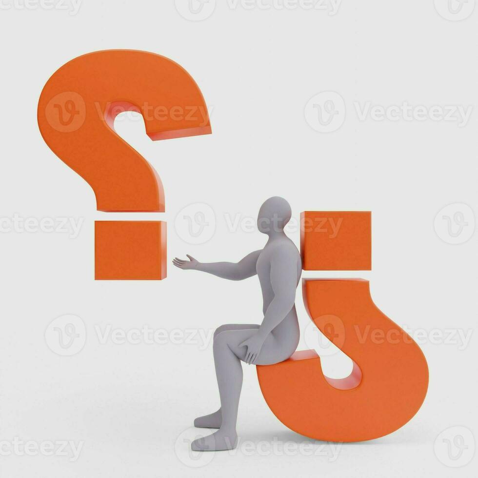 ilustración de un confuso persona con un grande pregunta marca. 3d representación de humano personas personaje. foto