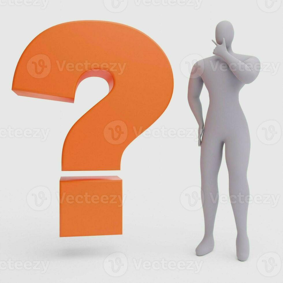 Illustration of a Confused Person with a Big Question Mark. 3d Rendering of Human People Character. photo