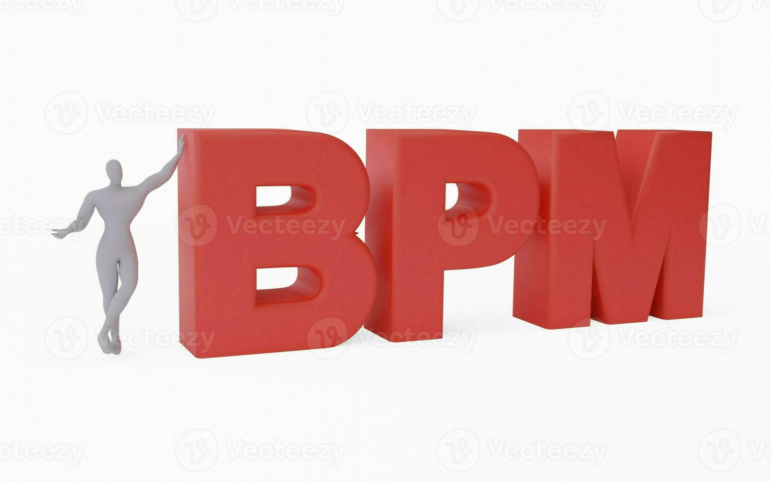 3D render of businessman leaning on the word BPM or business process management illustration. photo