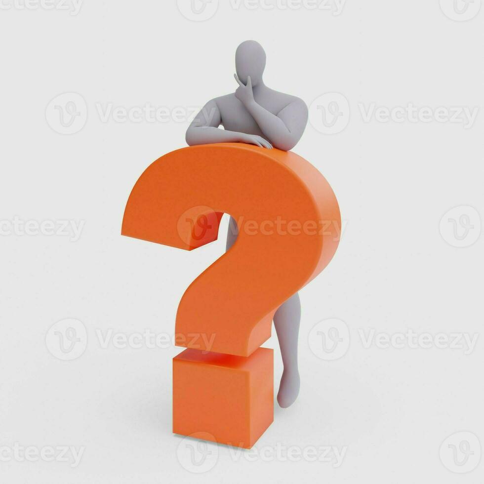 Illustration of a Confused Person with a Big Question Mark. 3d Rendering of Human People Character. photo