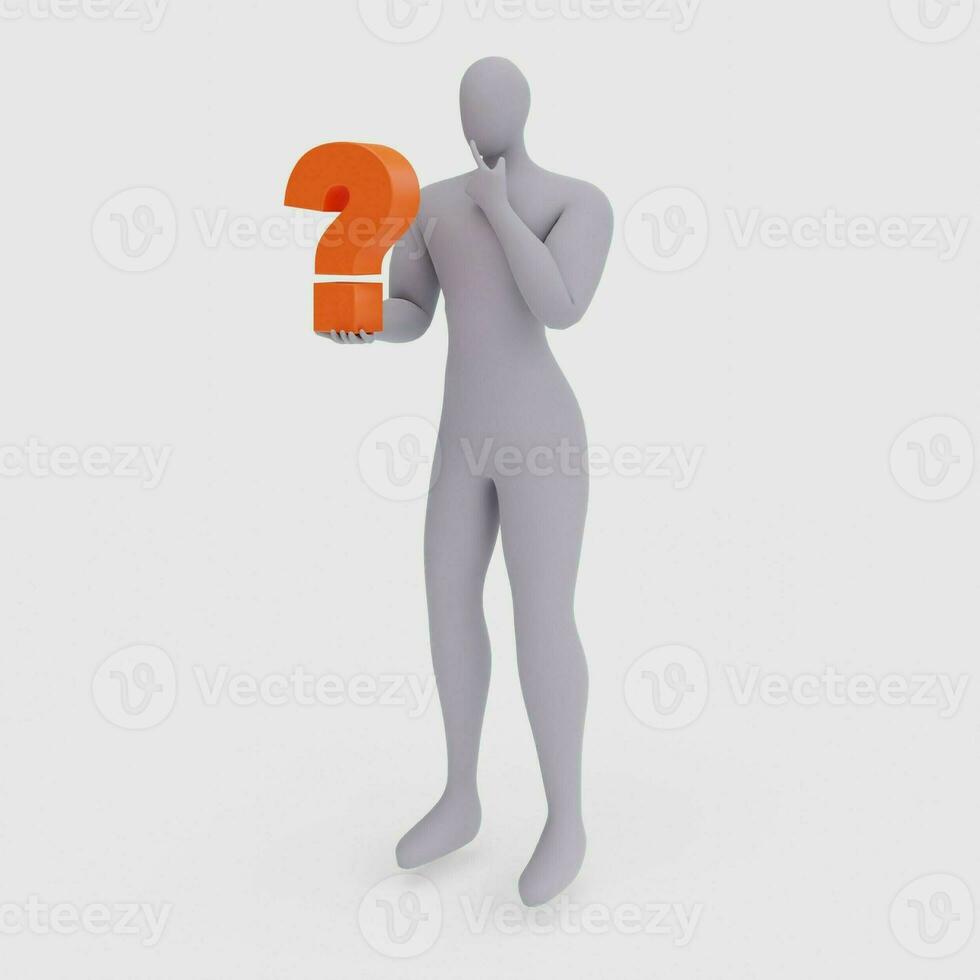 Illustration of a Confused Person with a Big Question Mark. 3d Rendering of Human People Character. photo