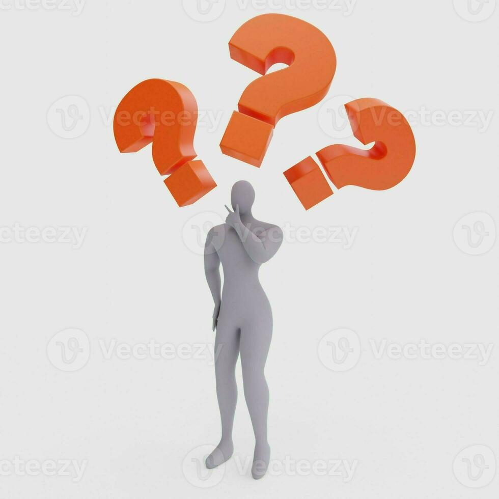 Illustration of a Confused Person with a Big Question Mark. 3d Rendering of Human People Character. photo