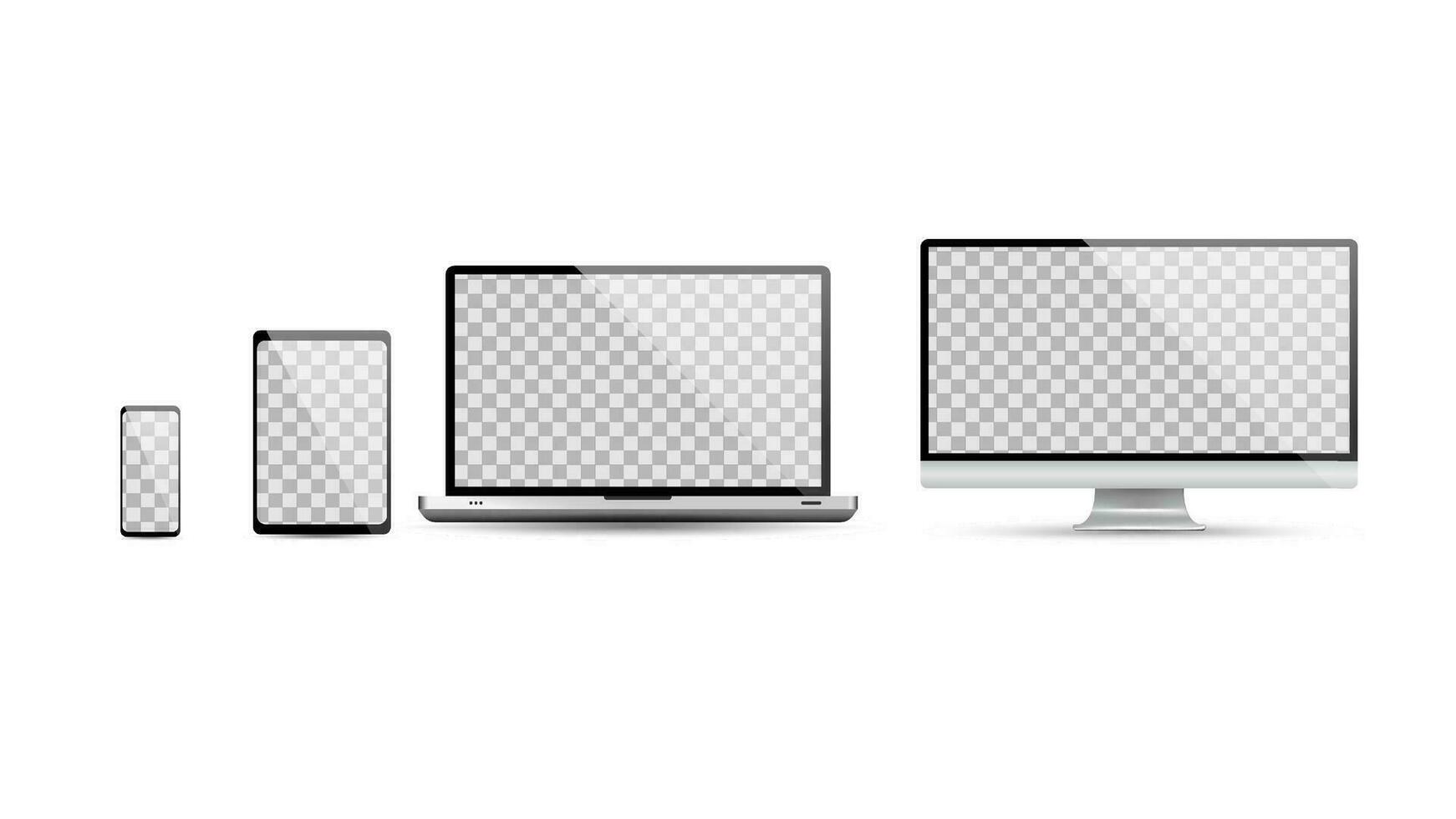 realista conjunto de blanco pantallas monitor monitor, computadora portátil, tableta, teléfono inteligente, Bosquejo vector ilustración.