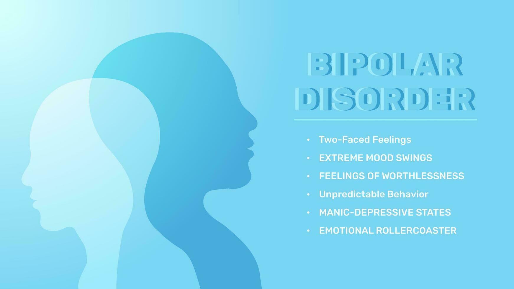 Metaphor Bipolar disorder mind mental. two face feeling. Split personality, Extreme Mood swings 2 people head silhouette. Dual personality disorder concept. Mental heath banner. vector