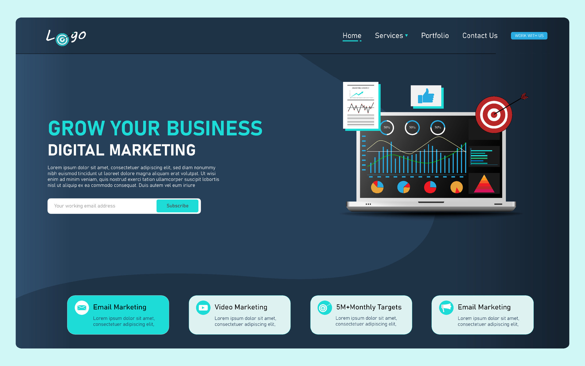 Digital Marketing web template, realistic laptop, web template for business and social media