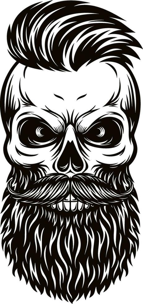 skull hipster with bearded face black and white illustration vector