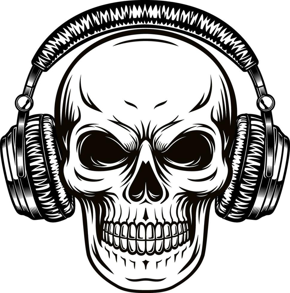 skull face with headphones black and white illustration vector