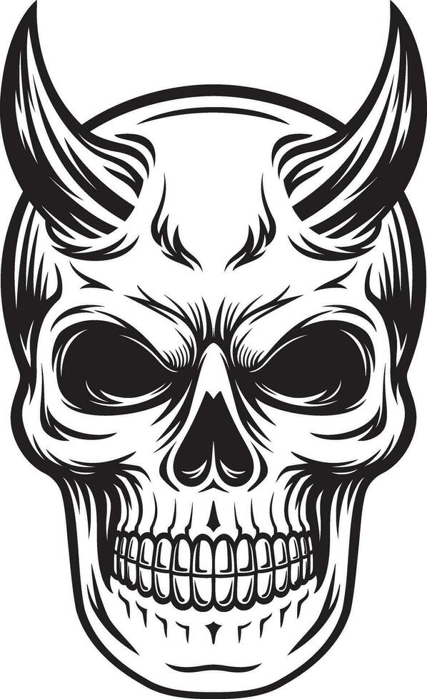 devil skull head have horns black and white illustration vector