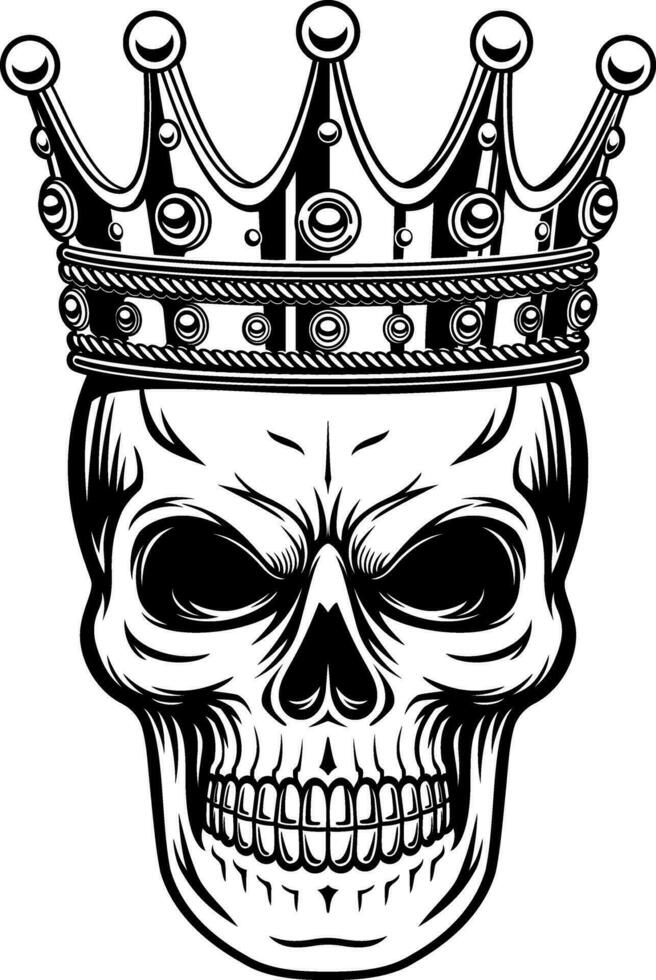 king skull head with luxury crown black and white illustration vector