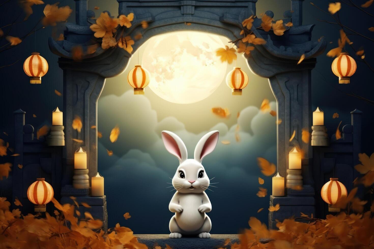 Cheerful Rabbit Celebrating Mid Autumn, Happy Mid Autumn Festival Background. photo