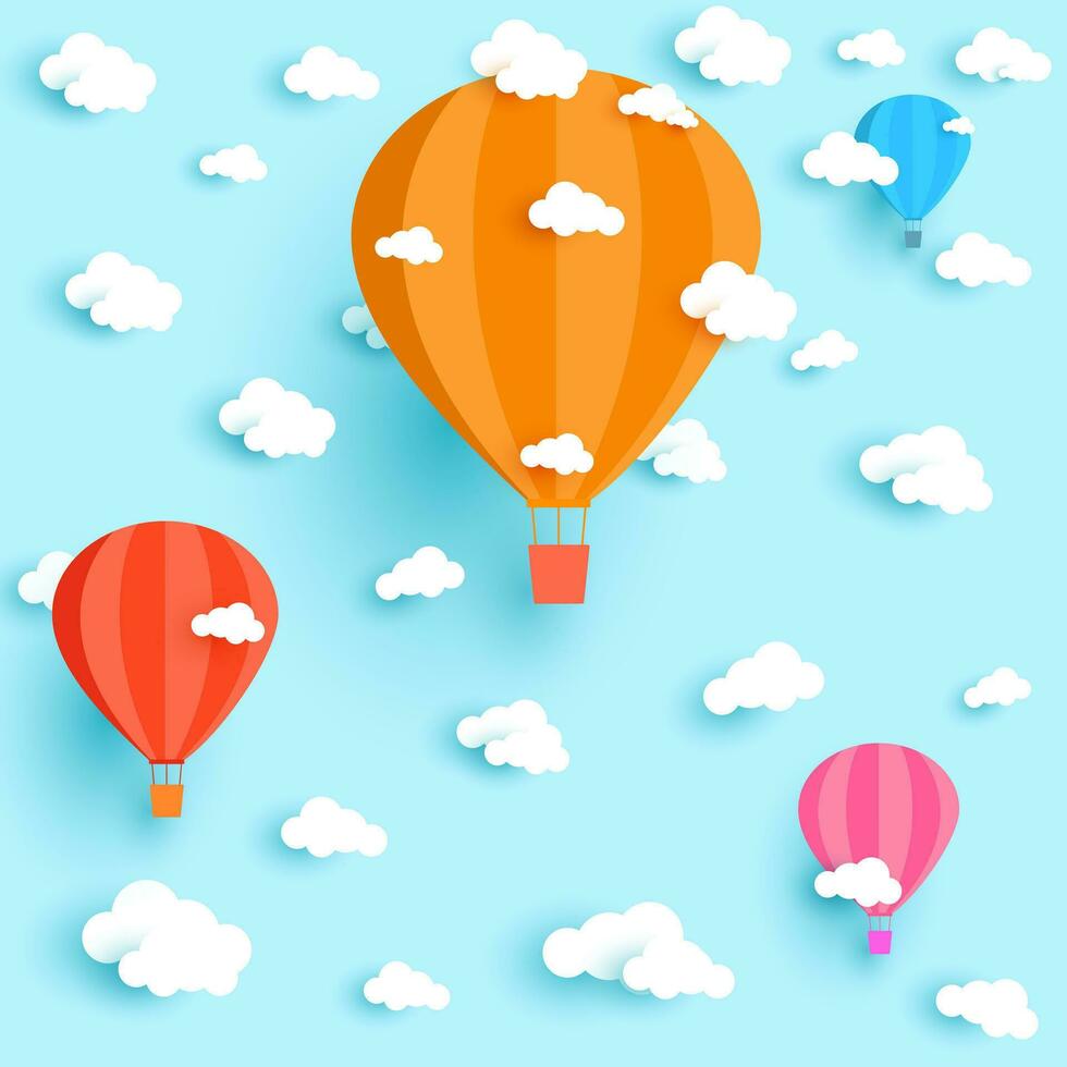 Sky background illustration with balloons and clouds. paper cut and craft style. vector