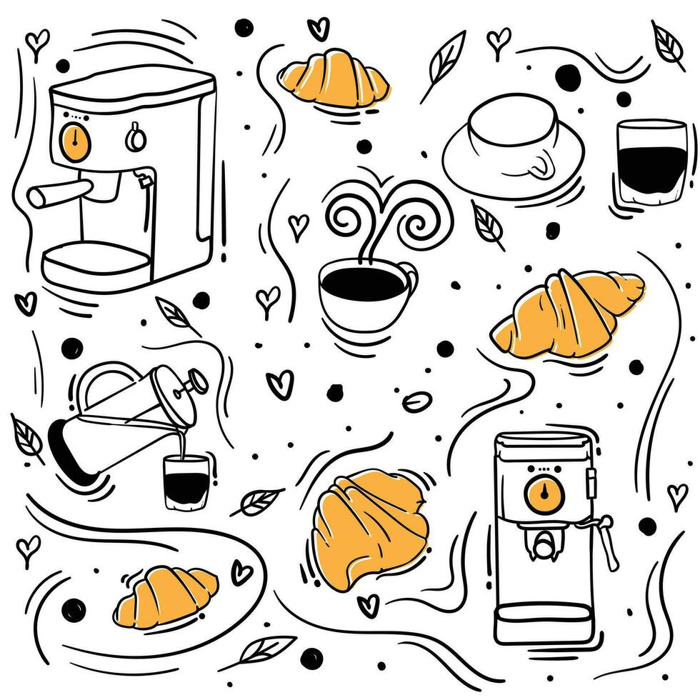Coffee background design with hand drawn of coffee cup and espresso coffee maker design for coffee shop design. doodle art of coffee design vector