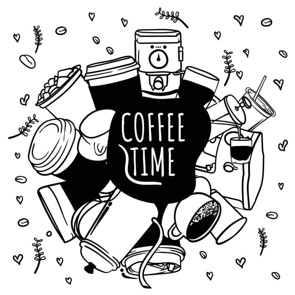 Cute doodle cartoon of coffee cup design with coffee time text in black white for coffee shop background design. hand drawn design of cup vector