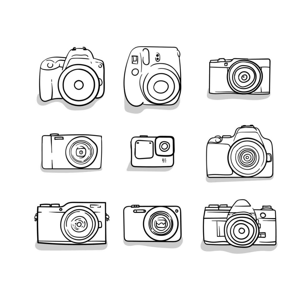 Set of camera in hand drawn design for photography template in black and white vector