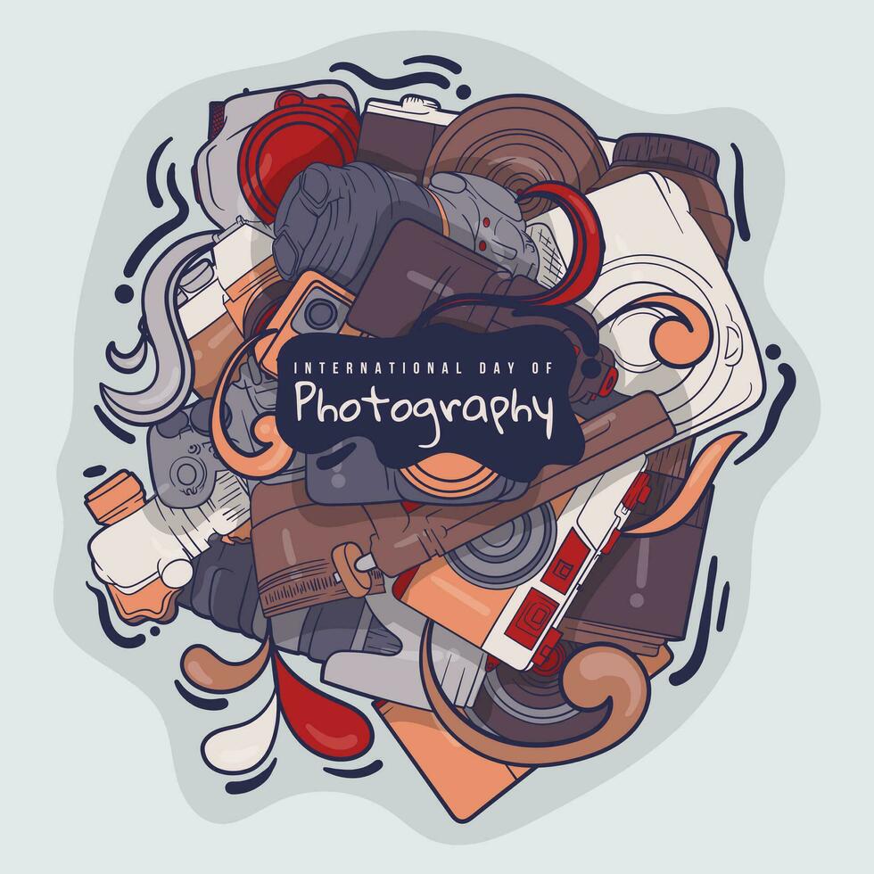 Camera vector illustration in doodle art design for world photography day template design