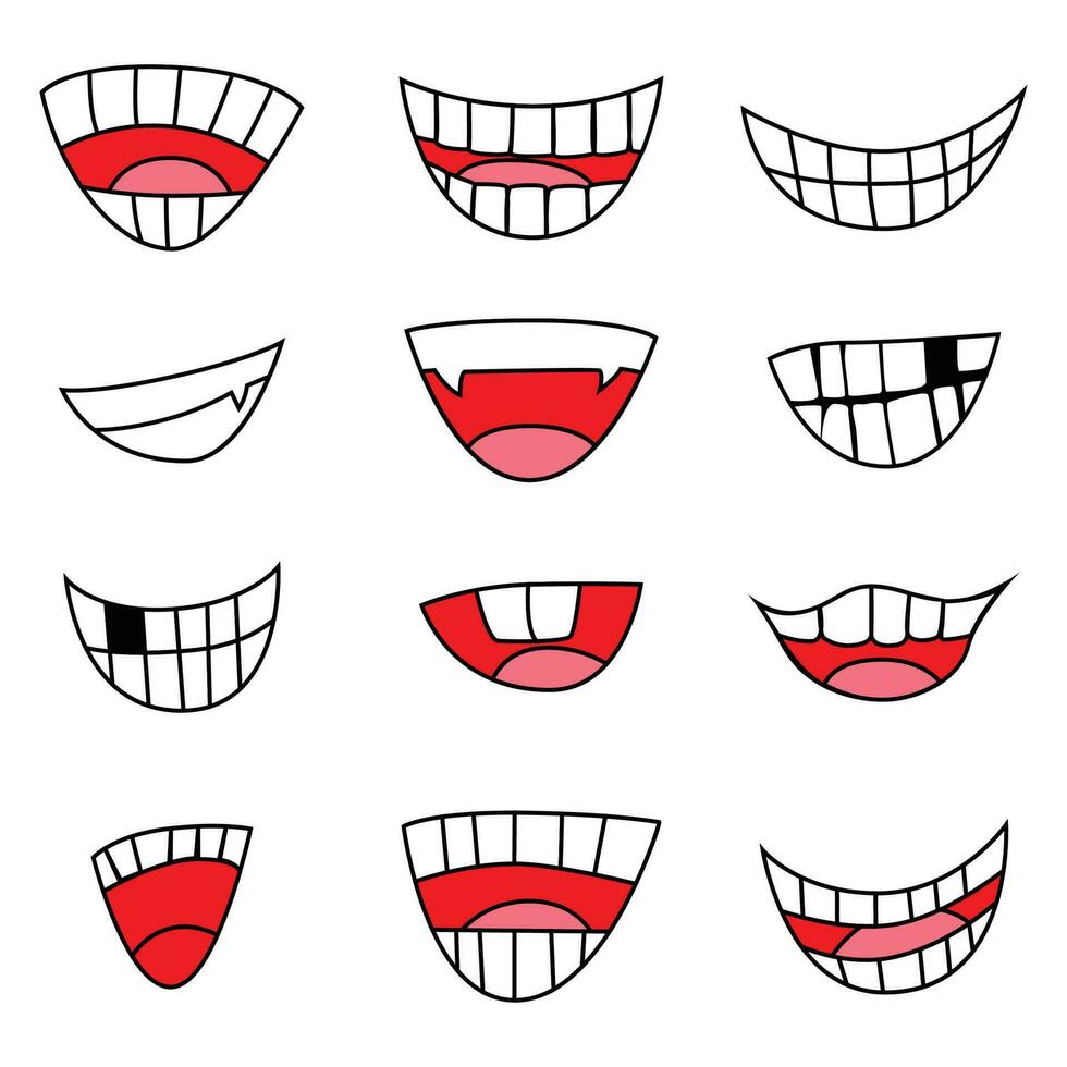 Cartoon smiling set design by Vector and illustrator. Mouth happy funny element emoji symbol