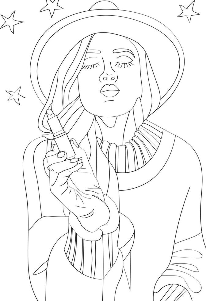Woman in hat holds in hands lipstick. Antistress coloring page vector