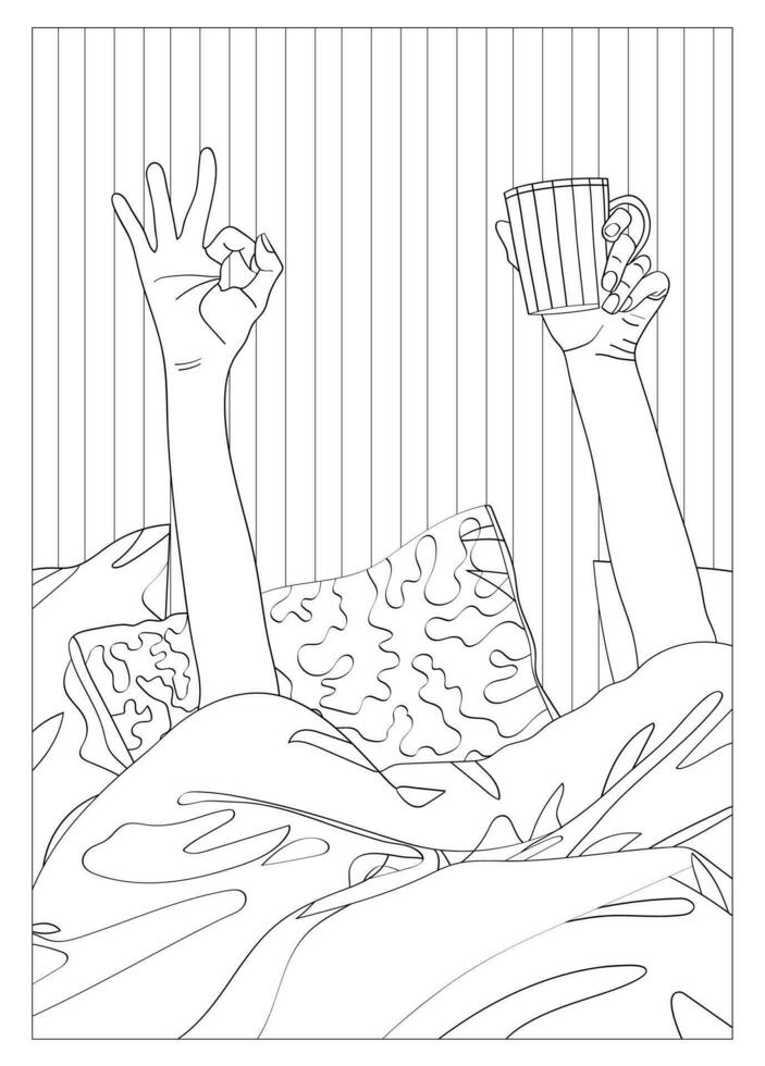 Antistress coloring pages book for adult. Hands out of bed with a cup vector