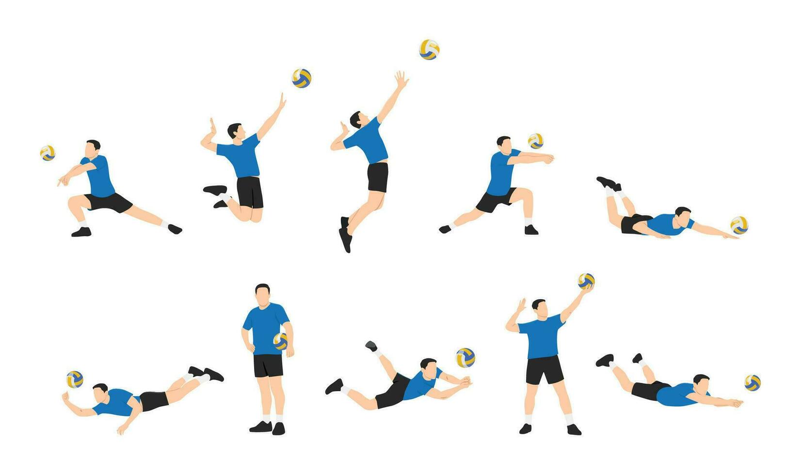 joven deportista jugando vóleibol conjunto con diferente gestos variaciones. plano vector ilustración aislado en blanco antecedentes