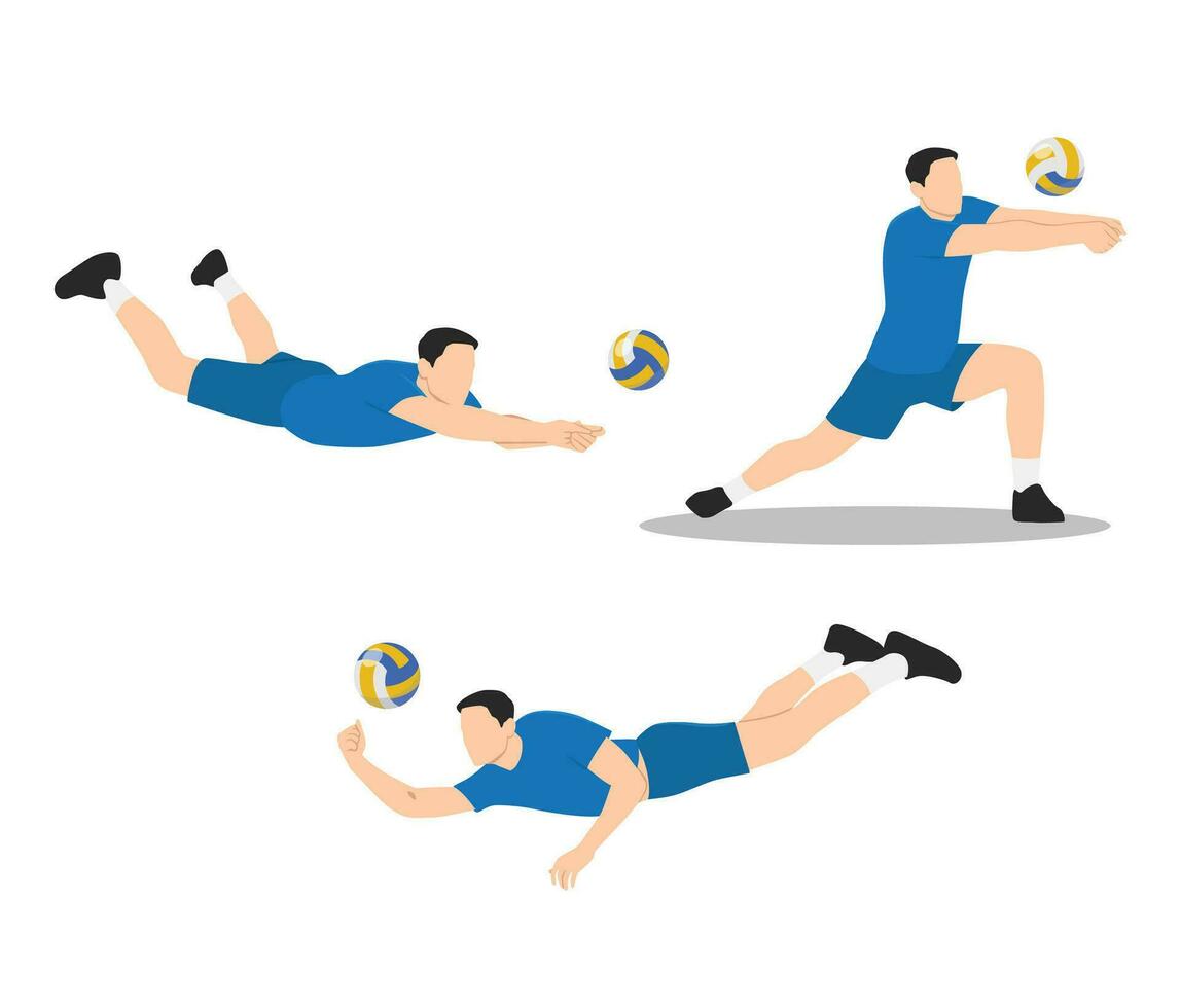 joven deportista jugando vóleibol conjunto con diferente gestos variaciones. vector