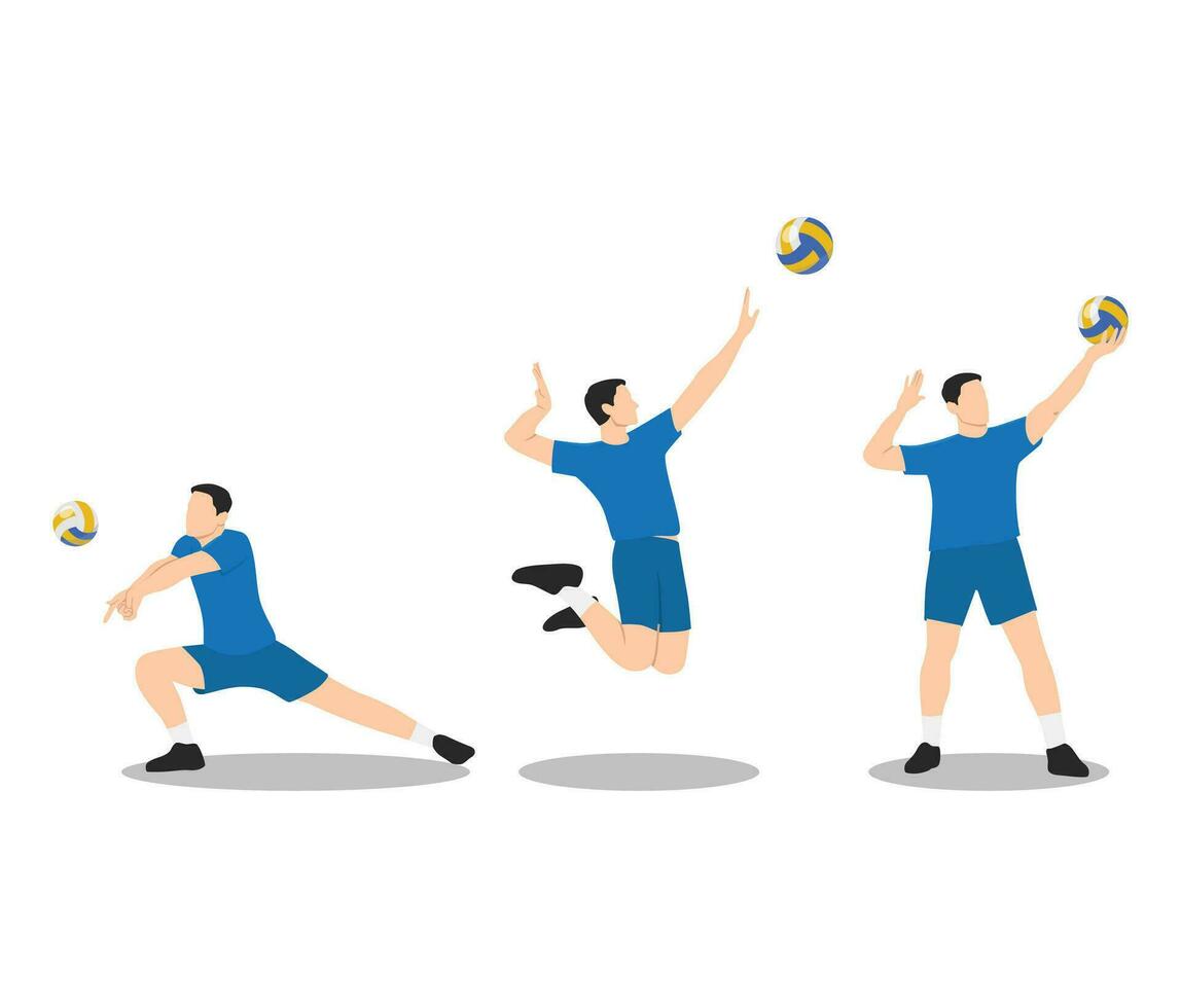 joven deportista jugando vóleibol conjunto con diferente gestos variaciones. vector