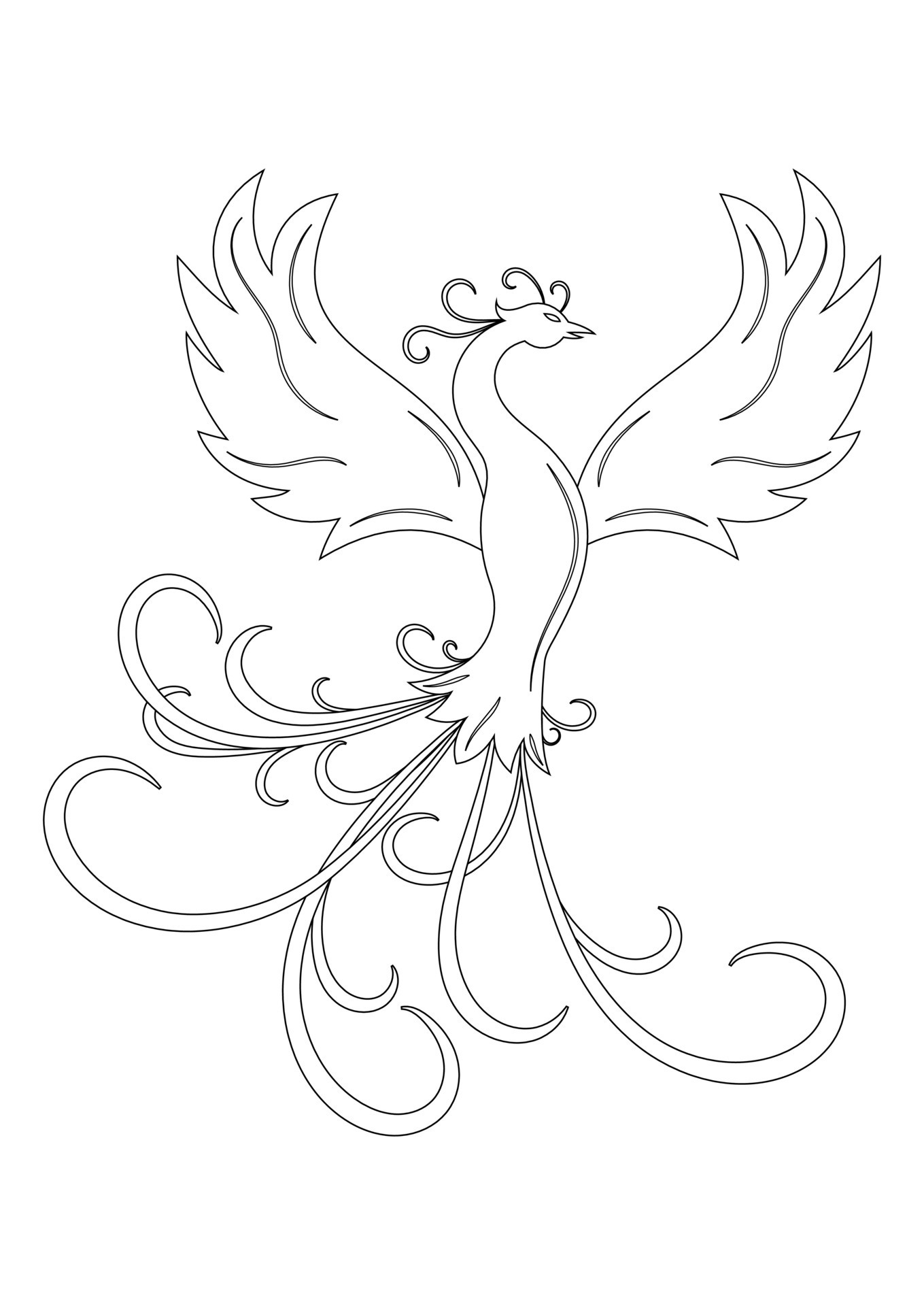 Black and White Phoenix Bird Vector Illustration. Coloring Page of