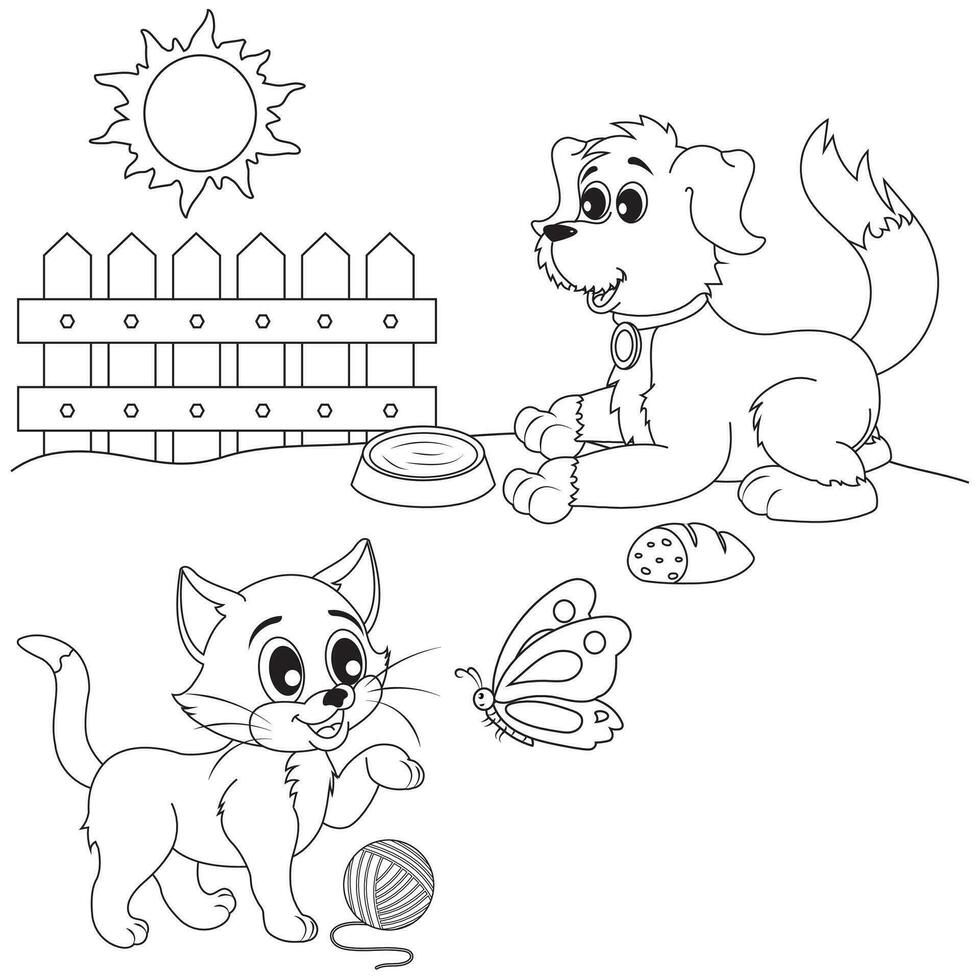 colorante página de un pequeño gato y perro ese son jugando fuera de vector