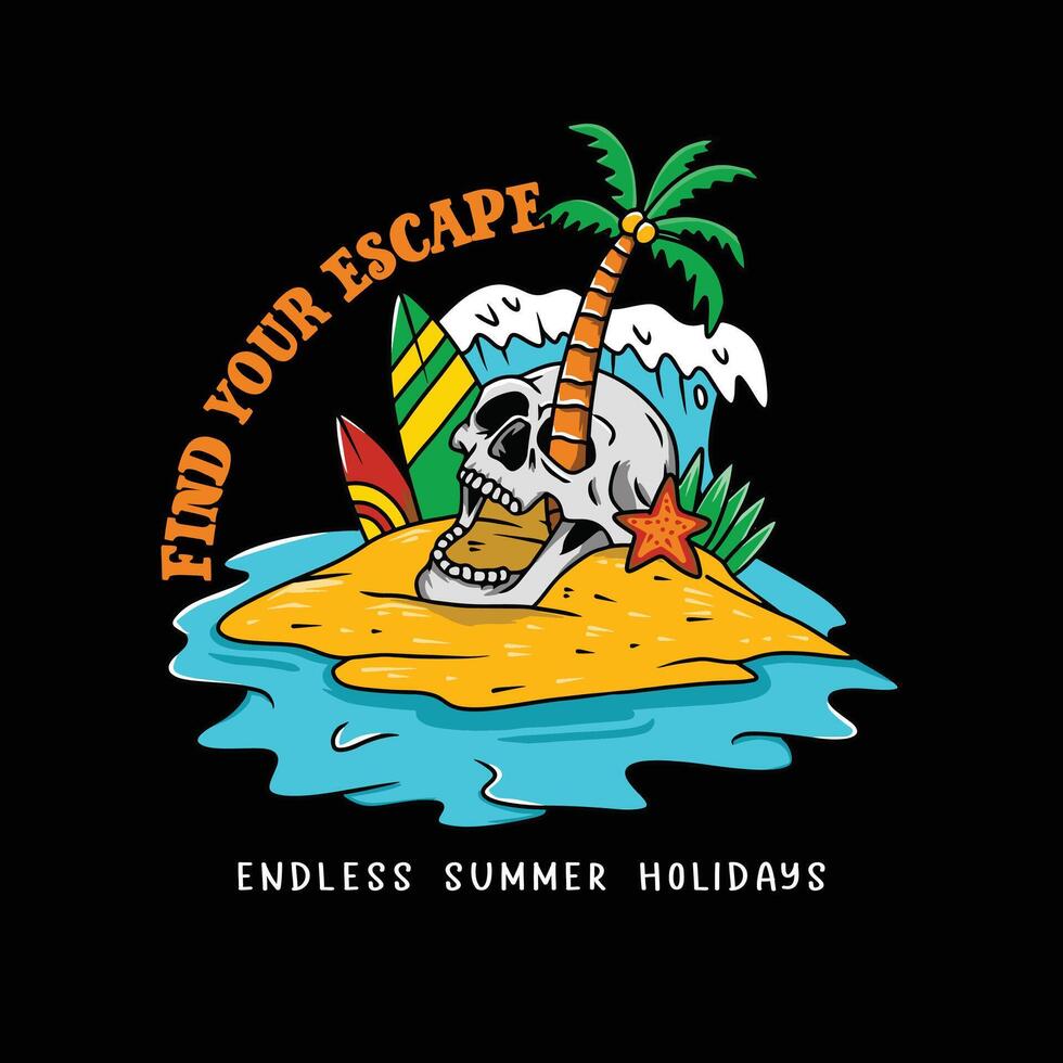 Vector illustration of a skull on the beach. Suitable for t shirt design, apparel, sticker, poster, cover, etc