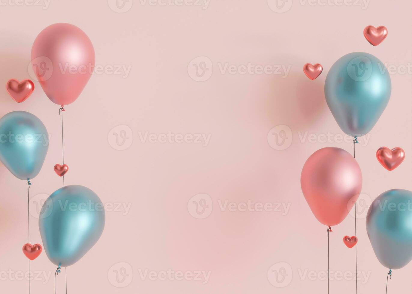 Pink background with hearts, balloons and copy space. Valentine's Day, Woman's, Mother's Day, Wedding backdrop. Empty space for advertising text, invitation, logo. 3D render. photo