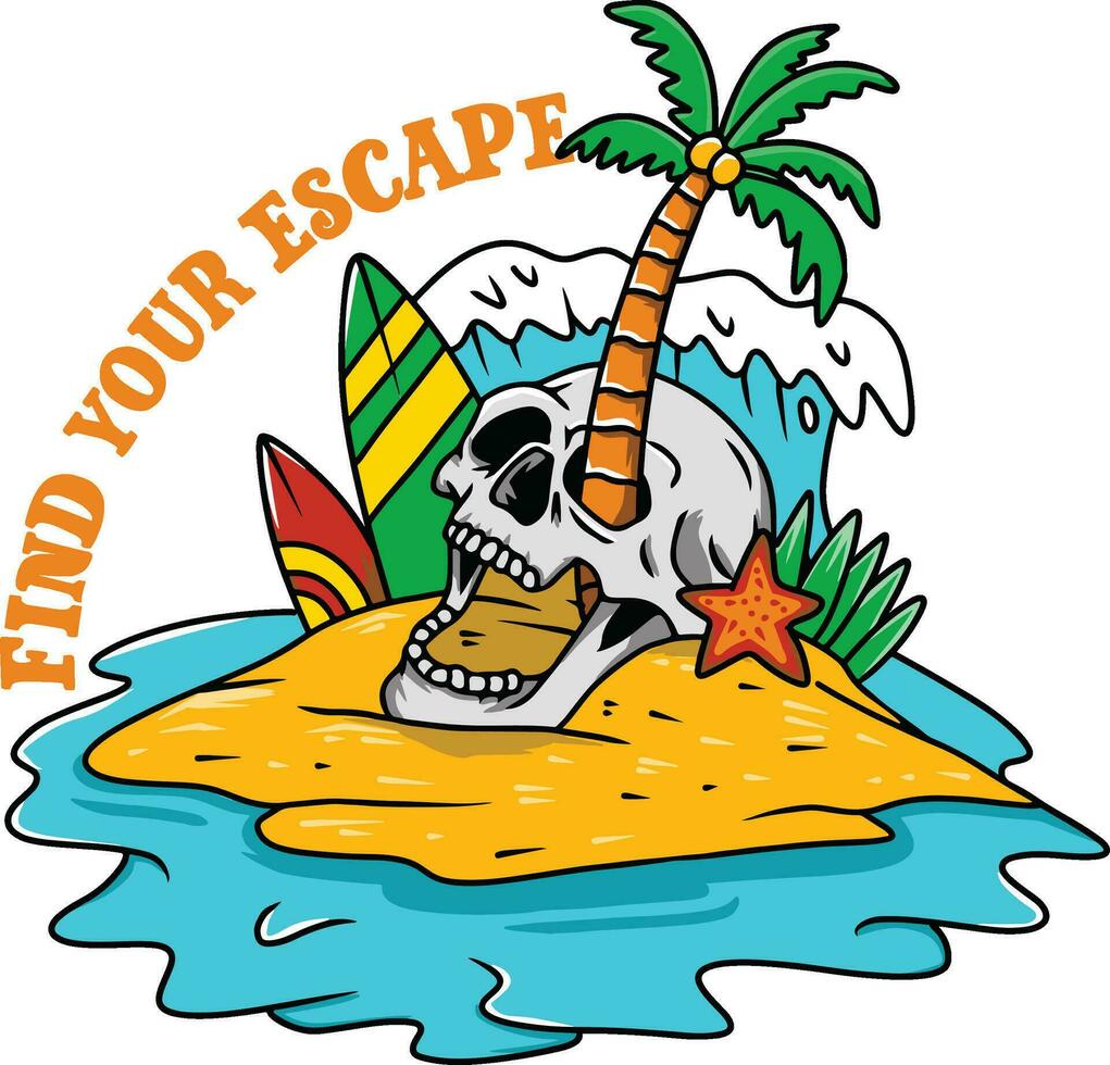 Vector illustration of a skull on the beach. Suitable for t shirt design, apparel, sticker, poster, cover, etc