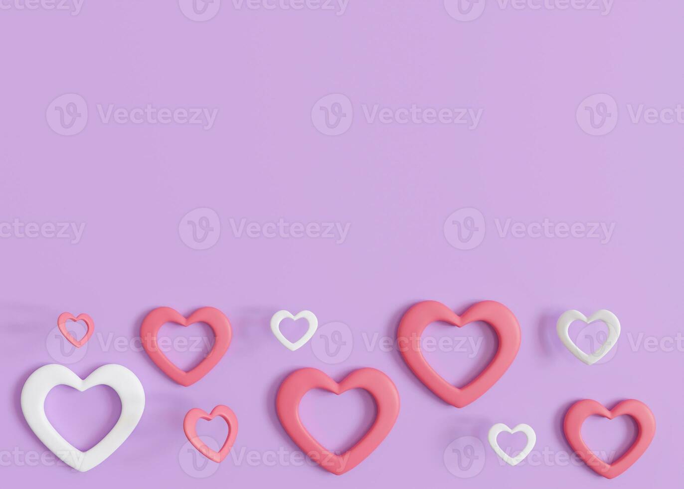 Purple background with hearts and copy space. Valentine's Day, Woman's, Mother's Day backdrop. Empty space for advertising text, invitation, logo. Postcard, greeting card design. Love symbol. 3D. photo