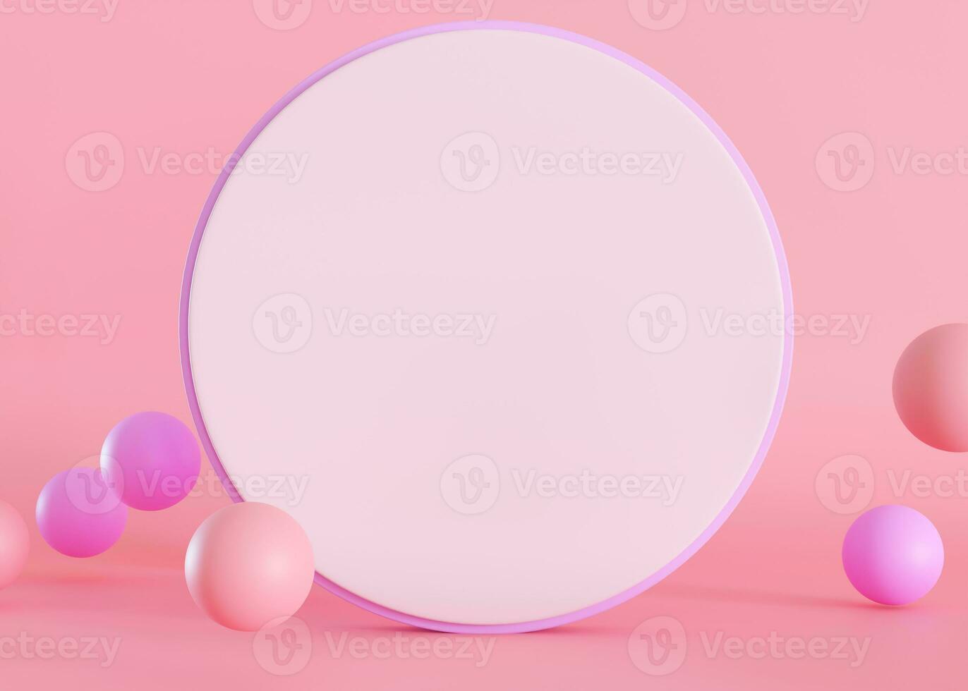 Pink background with 3d spheres and empty space for text. Blank circle shape with copy space. Place here your advertising, announcement, logo. Vibrant colors. 3D rendering. photo