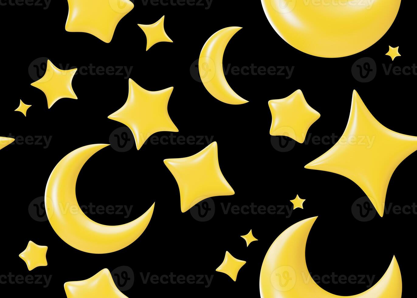 Seamless pattern with yellow 3D stars and moons on black background. Applicable for fabric print, textile, wallpaper. Repeatable texture. Cartoon style, pattern for kids bedding, clothes. 3D render. photo