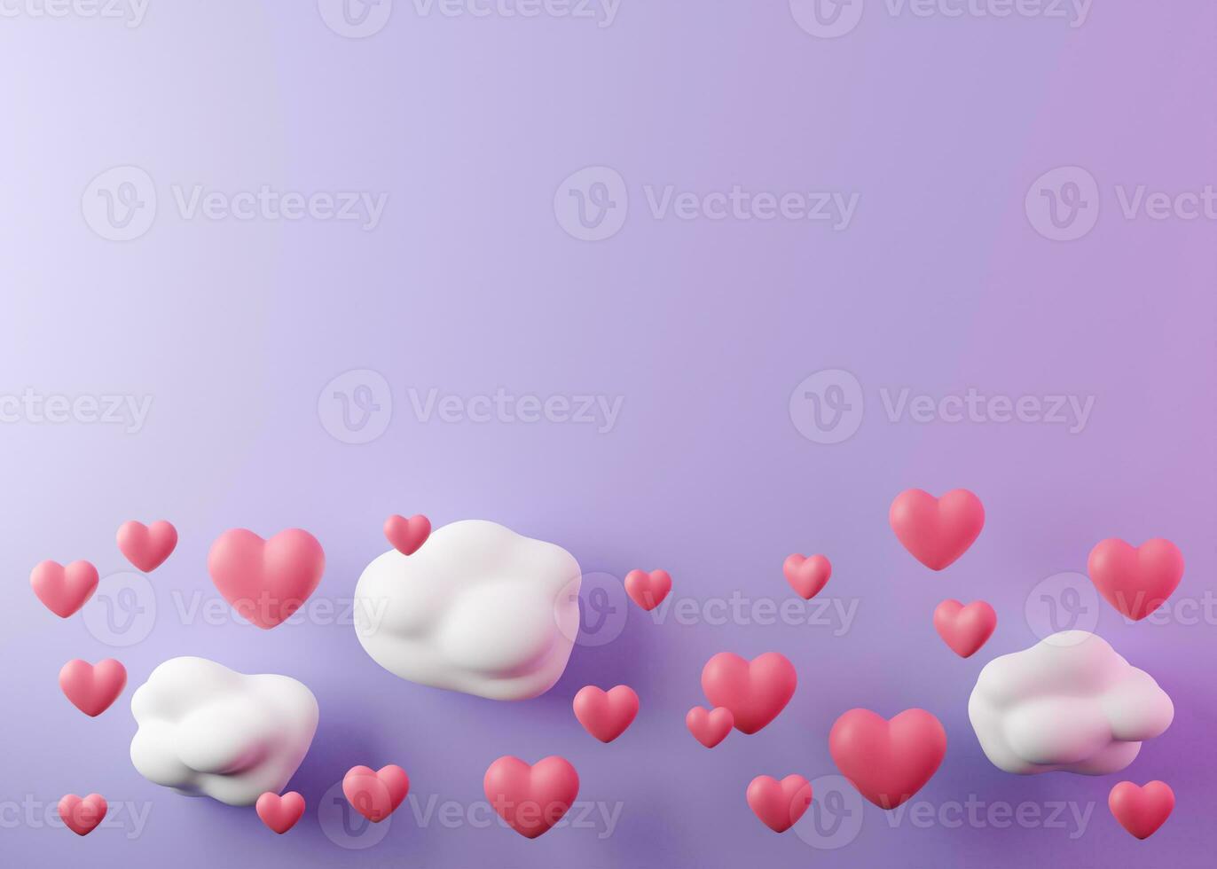 Purple background with hearts, clouds and copy space. Valentine's Day, Woman's, Mother's Day backdrop. Empty space for text, advertising. Postcard, greeting card design. Love symbol. 3D. photo