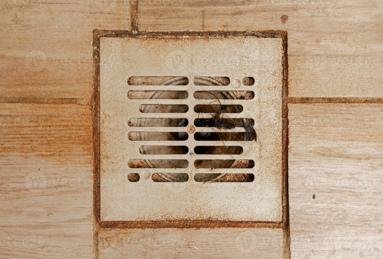 Dirty and disgusting shower drain, close up view. Clogged drain with rust stain, hair. Corrosion, unsanitary. Stained bathroom. Cleaning service needed. Unclean home. photo