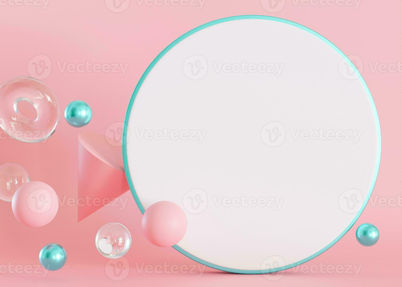 Pink background with 3d shapes and empty space for text. White, blank circle shape with copy space. Place here your advertising, announcement, logo. Pastel colors. 3D rendering. photo