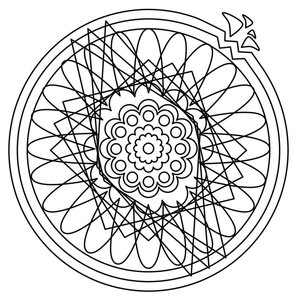 Mandala pattern with black line on white background, there are flower shape and square shape in a circle and there is a crack in the upper right corner. vector