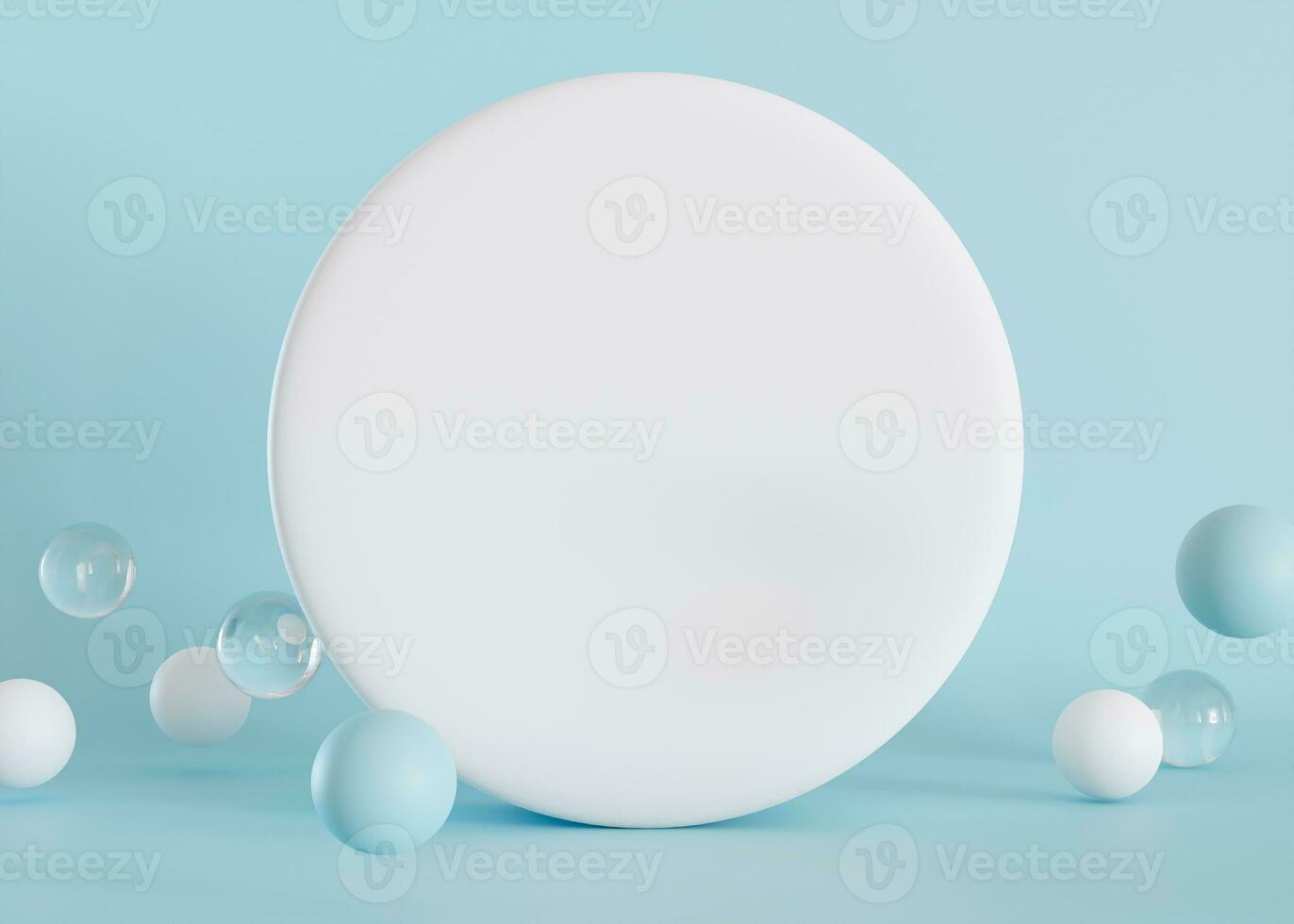 Blue background with 3d spheres and empty space for text. Blank white circle shape with copy space. Place here your advertising, announcement, logo. 3D rendering. photo