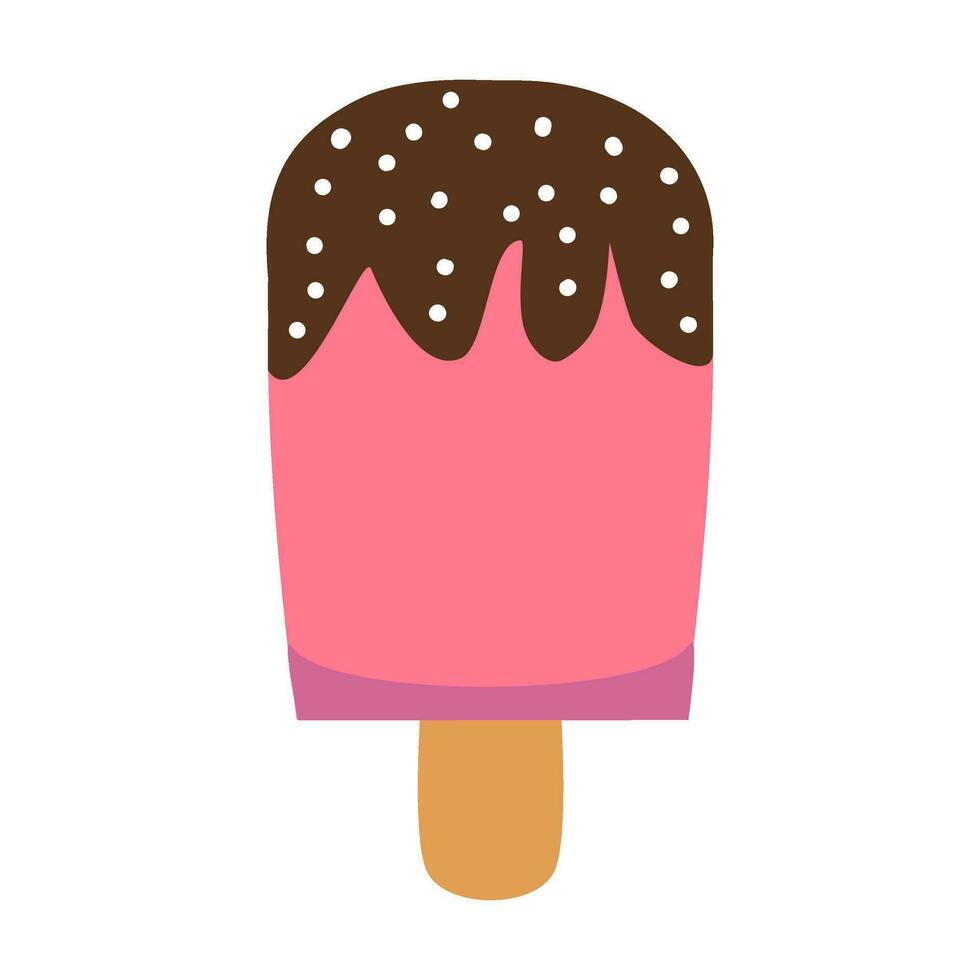 Pink ice cream stick drawing with brown chocolate glaze on top and white sugar speckled sprinkles. vector