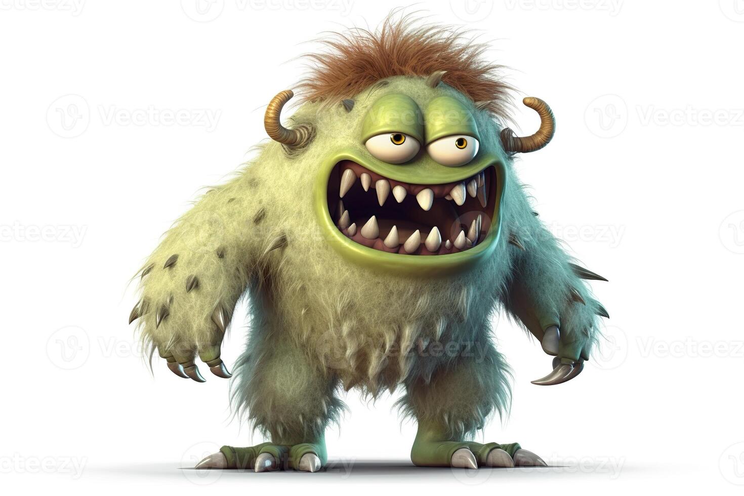 Funny green cartoon monster on white background. Scary creature. Cute Halloween character. . photo
