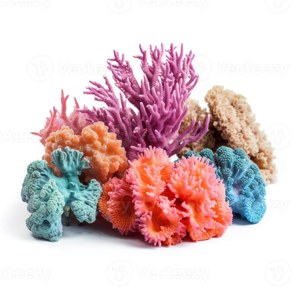 Beautiful colorful corals, isolated on white background. Underwater, marine life. Rainbow colors. Generative AI. photo