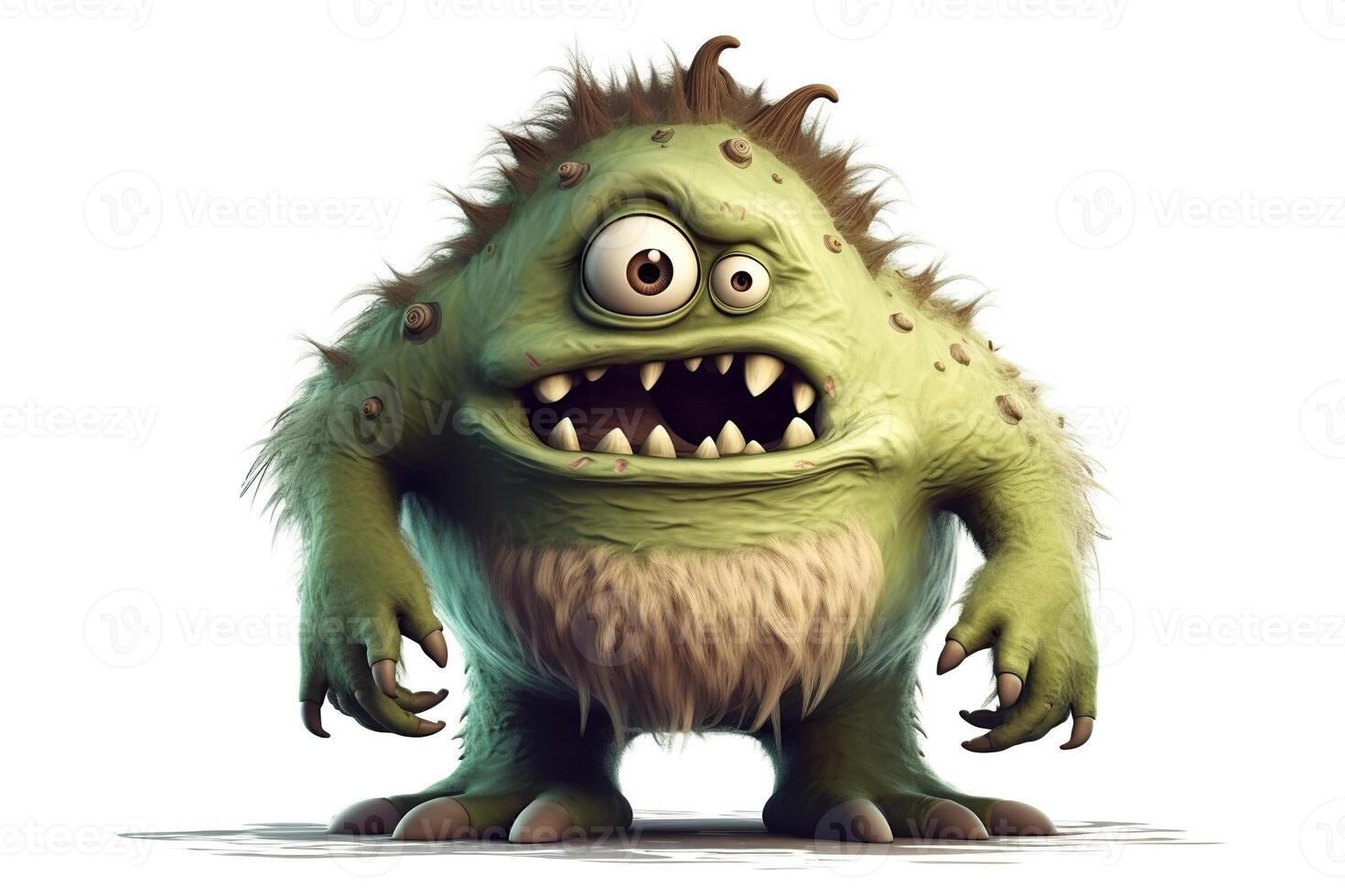 Funny green cartoon monster on white background. Scary creature. Cute Halloween character. Generative AI. photo